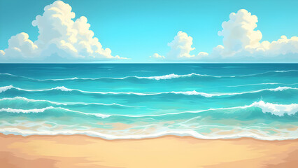 Beautiful Beach Illustration — Tropical Ocean Waves, Palm Trees & Summer Paradise Scene