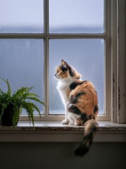Pensive Calico Cat Sitting on Windowsill Gazing Out Beside a Potted Fern