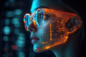Profile of a person wearing glasses with bright orange and blue digital circuit patterns overlaying their face in a futuristic and high-tech atmosphere