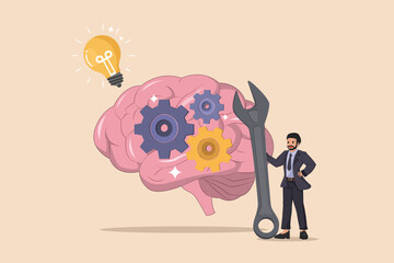 Cognitive Innovation and Problem Solving. Conceptual Illustration of a Brain with Gears Being Adjusted by a Businessman with a Bright Idea.