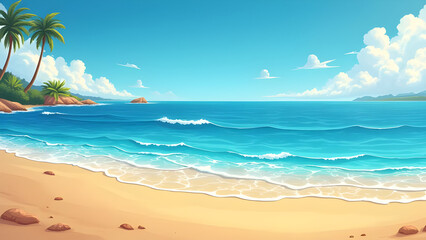 Beautiful Beach Illustration — Tropical Ocean Waves, Palm Trees & Summer Paradise Scene