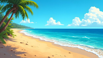 Beautiful Beach Illustration — Tropical Ocean Waves, Palm Trees & Summer Paradise Scene