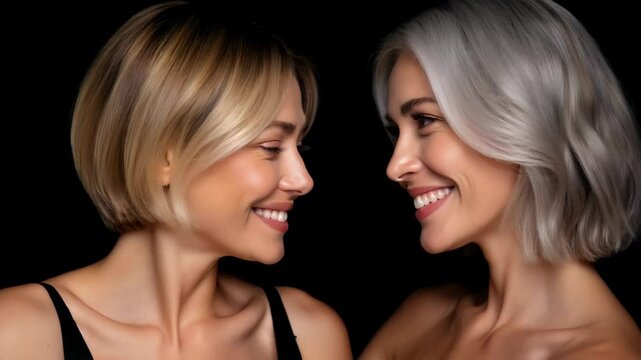 Two mature women with blonde and gray hair smile closely together against a dark studio background