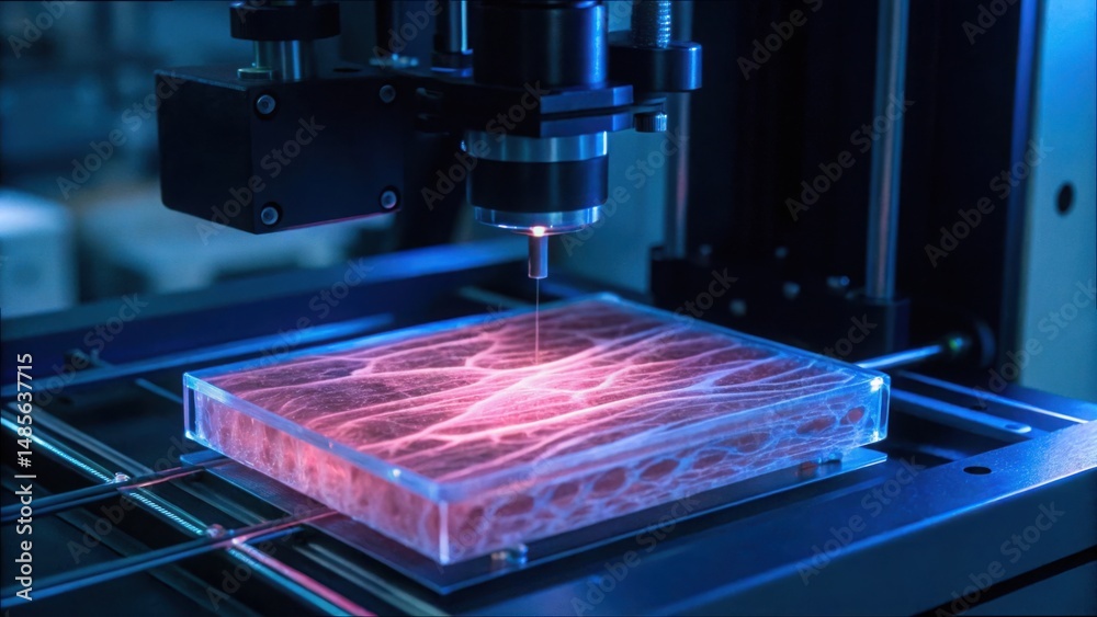 Poster translucent hydrogel with muscle fibers in high-precision lab setting
