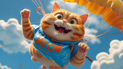 Adorable Orange Tabby Cat Skydiving Fun 3D Cartoon Illustration