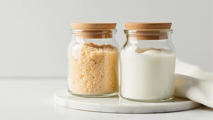 Two Jars with Granulated Sugar and Milk