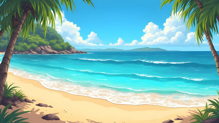 Beautiful Beach Illustration — Tropical Ocean Waves, Palm Trees & Summer Paradise Scene
