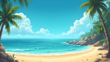 Beautiful Beach Illustration — Tropical Ocean Waves, Palm Trees & Summer Paradise Scene