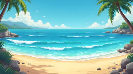 Beautiful Beach Illustration — Tropical Ocean Waves, Palm Trees & Summer Paradise Scene