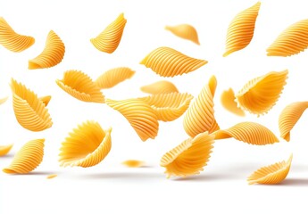 Pasta shells in motion against a white background.