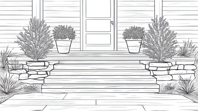 Front porch steps, illustration, landscaping, house, outdoors, design, sketch, drawing
