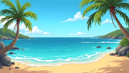 Beautiful Beach Illustration — Tropical Ocean Waves, Palm Trees & Summer Paradise Scene