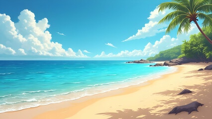 Beautiful Beach Illustration — Tropical Ocean Waves, Palm Trees & Summer Paradise Scene