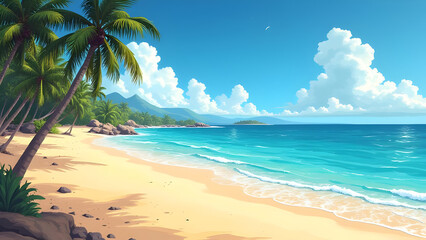 Beautiful Beach Illustration — Tropical Ocean Waves, Palm Trees & Summer Paradise Scene