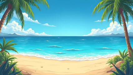 Beautiful Beach Illustration — Tropical Ocean Waves, Palm Trees & Summer Paradise Scene