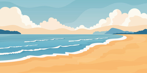 summer beach landscape flat vector illustration with ocean sand and clouds in minimal style.