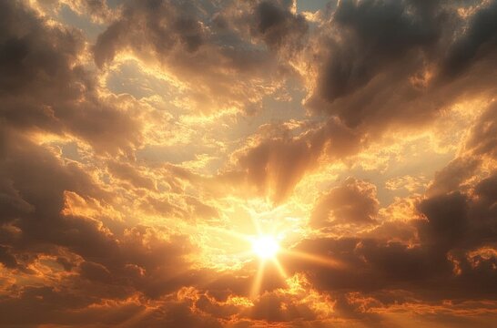 Bright sun shining through dramatic golden and dark clouds during a vibrant sunset sky