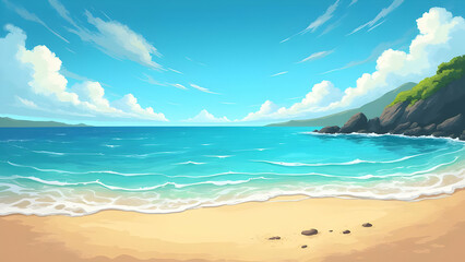 Beautiful Beach Illustration — Tropical Ocean Waves, Palm Trees & Summer Paradise Scene