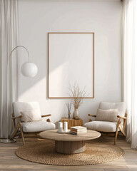 Serene modern lounge with a soft white couch, plush beige pillows, a small cream table, and a large vase of white blossoms. Natural light and earthy tones define the mood.