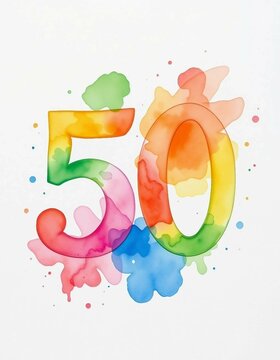 K&uuml;nstlerische Aquarellzahl &bdquo;50&ldquo; mit bunten Farbspritzern &ndash; ideal f&uuml;r Jubil&auml;en, Geburtstage oder kreative Dekoration.