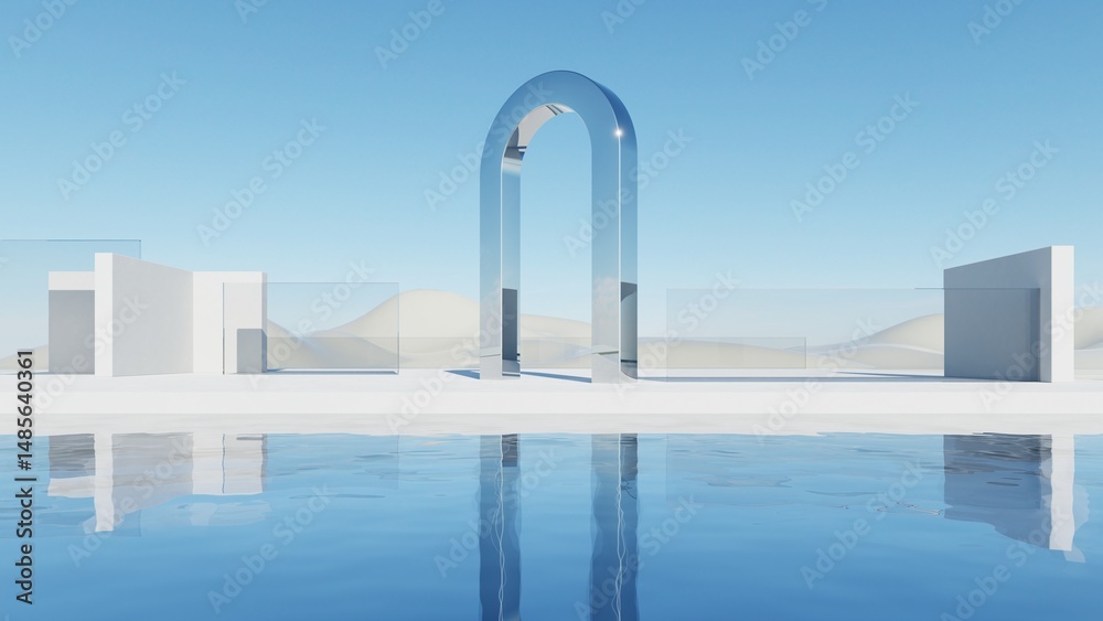 Poster 3d render of abstract modern geometry architecture with empty cement floor, minimal white exterior against blue sky background