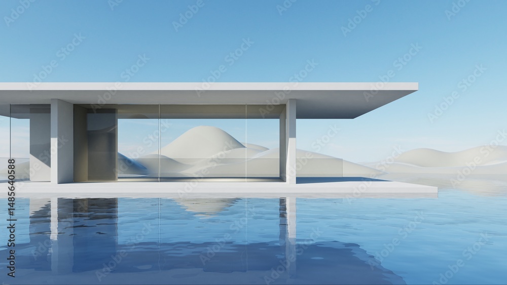 Aufkleber 3d render of abstract modern geometry architecture with empty cement floor, minimal white exterior a