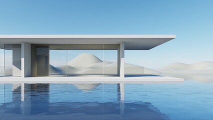 3d render of abstract modern geometry architecture with empty cement floor, minimal white exterior against blue sky background