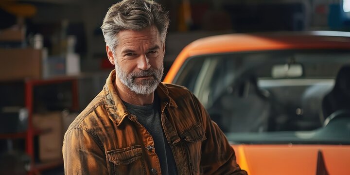 Middle-aged man fixing car alone in garage