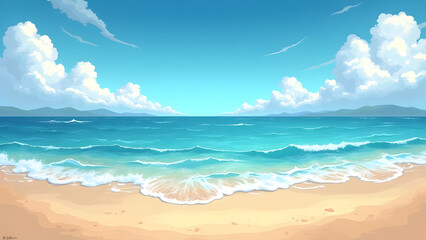 Beautiful Beach Illustration — Tropical Ocean Waves, Palm Trees & Summer Paradise Scene