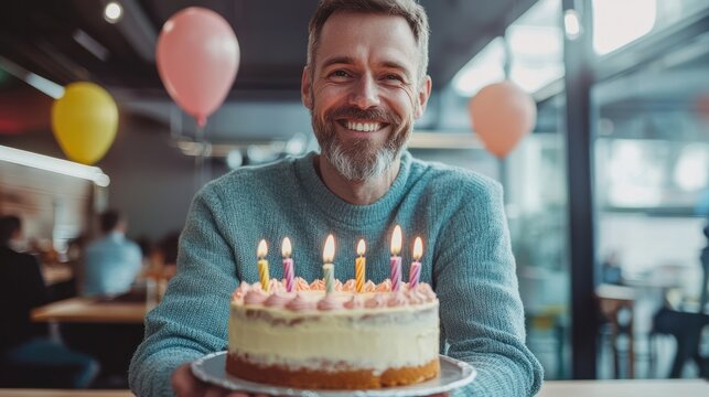 Middle-aged man with birthday cake at office