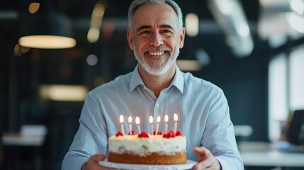 Middle-aged man with birthday cake at office