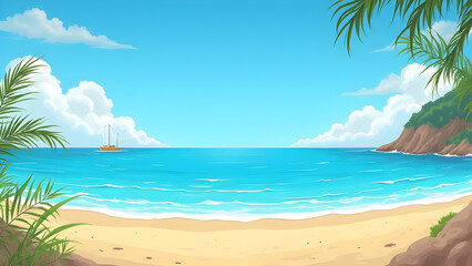Beautiful Beach Illustration — Tropical Ocean Waves, Palm Trees & Summer Paradise Scene