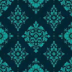 Dark Teal Ornamental Pattern Background: Vintage Style Floral Wallpaper Texture,  Elegant Repeat Design