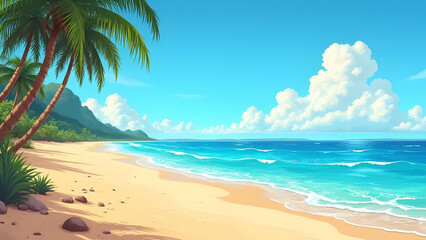 Beautiful Beach Illustration — Tropical Ocean Waves, Palm Trees & Summer Paradise Scene