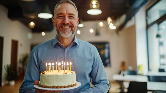 Middle-aged man with birthday cake at office