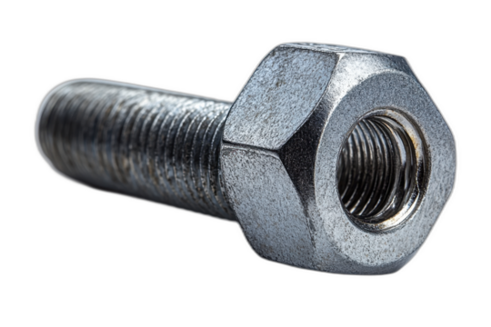 Hex nut with a hex shape and textured surface, next to a smaller lock nut. Isolated on transparent background.