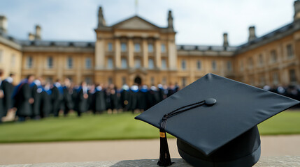 Graduation cap rests on ledge, building backdrop. Graduating class blurred in background, celebrating achievement on campus. A time of accomplishment.