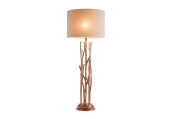 A set of high-end floor lamps featuring cream linen shades and glowing rose gold bases, isolated on a transparent background
