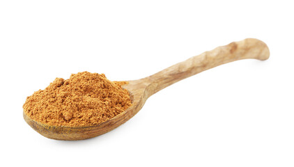 Superfood. Cinnamon powder in spoon isolated on white