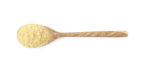 Superfood. Mustard powder in spoon isolated on white, top view