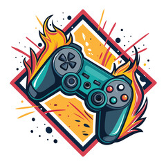Create a vibrant graffiti-style gamer tag incorporating dual controllers and flames, styled with aggressive fonts and a chaotic energy.  Ensure high detail and intense color saturation. © juni