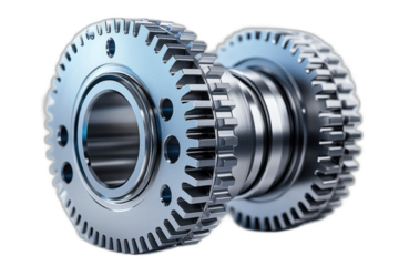 interconnected gears, larger, with visible teeth and metallic texture, against a crisp white backdrop. Isolated on transparent background.