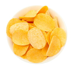 Tasty chips in bowl isolated on white, top view