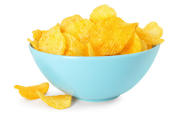 Tasty potato chips in bowl isolated on white