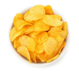 Tasty potato chips in bowl isolated on white, top view