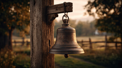 Fototapeta premium Old wooden post supporting a weathered bell near a serene countryside landscape during golden hour