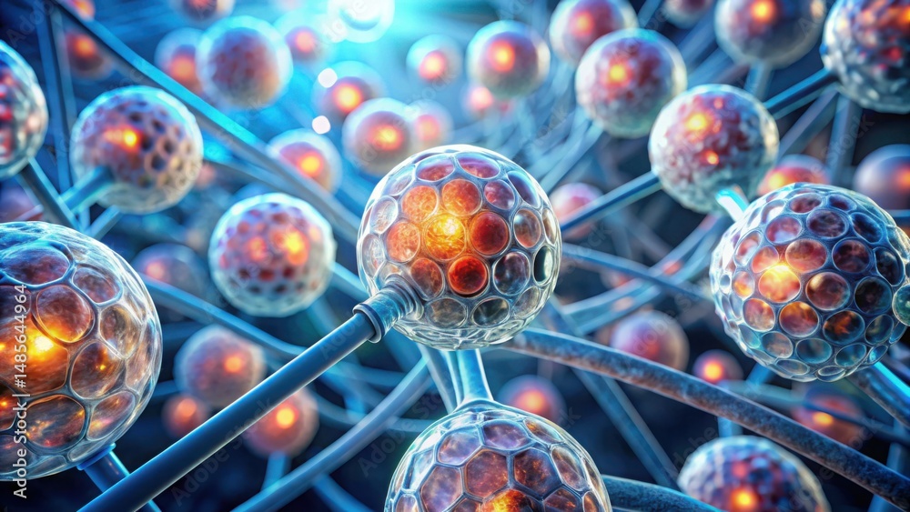 Poster glowing stem cells in a tissue scaffold structure illustration