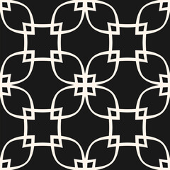 Vector abstract geometric ornamental seamless pattern in oriental style. Black and white geometric ornament with curved lines, flower silhouettes, leaves, grid, lattice. Simple elegant repeated design