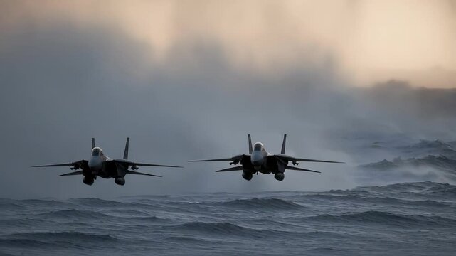 Pair of Jets Flying Through Morning Clouds