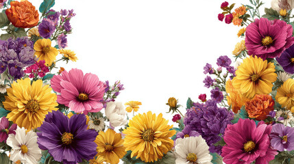 Colorful floral arrangement with vibrant blossoms and greenery on a white background